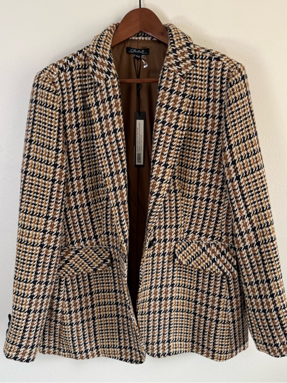 Charlie B Plaid Blazer XL NWT Houndstooth Jacket Brown Navy Oversized - Picture 7 of 12